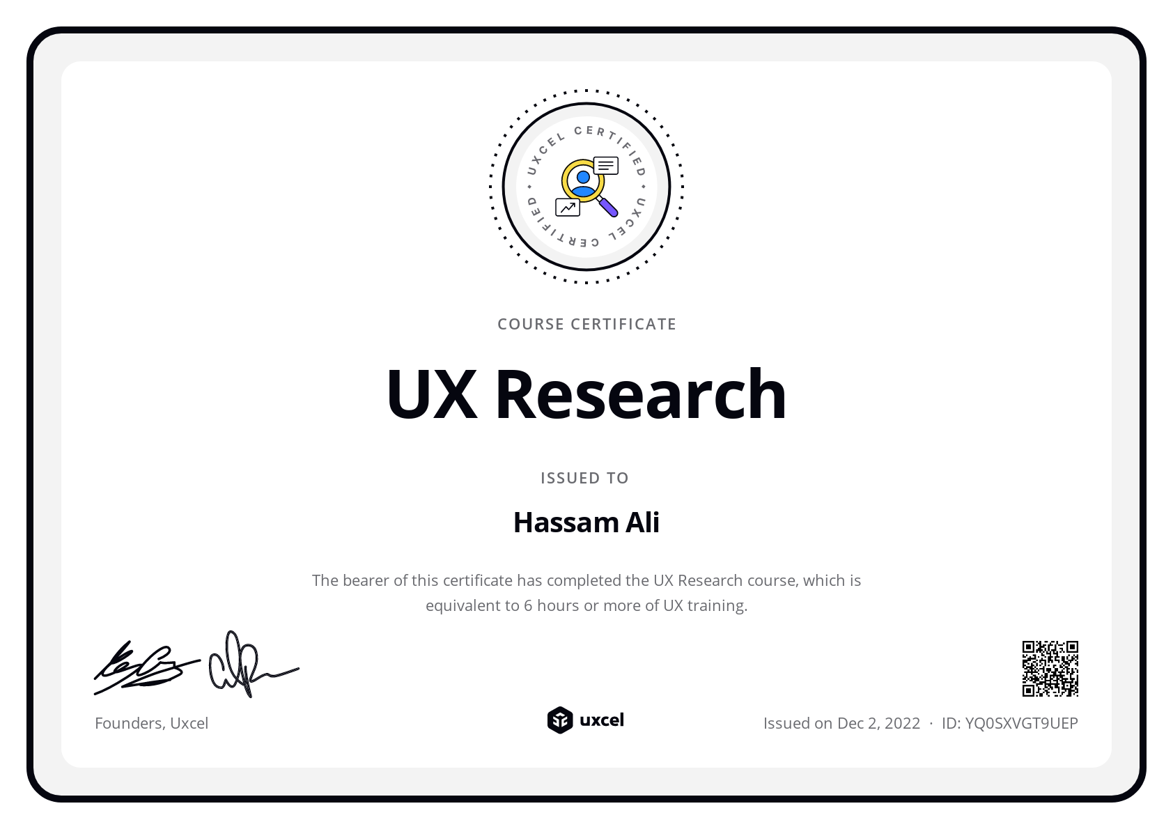 Hassam Ali's certificate